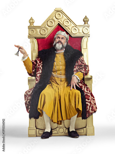 King, royalty bell and throne portrait of a Renaissance person face with wealth, power and luxury. Ruler, vintage fashion and mature male wanting service isolated on a transparent, png background