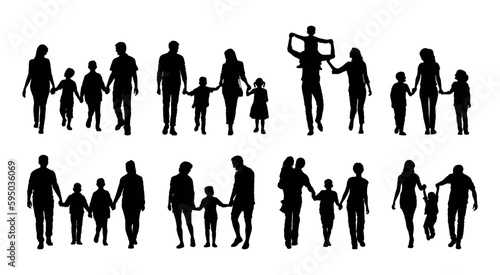 Family walking together various poses silhouette set.