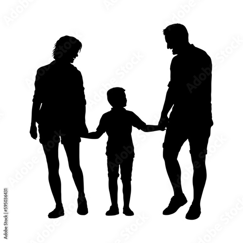 Family holding hands while walking together silhouette. Father and mother with a son holding hands together silhouette.