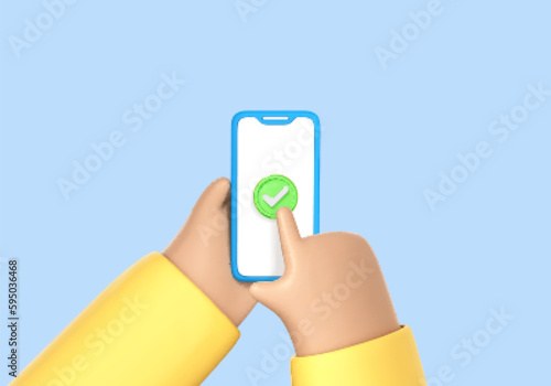 3D cartoon hand holding smartphone with green check mark. Check mark on smartphone screen. Finger touching screen isolated on blue background. Vector 3d illustration.