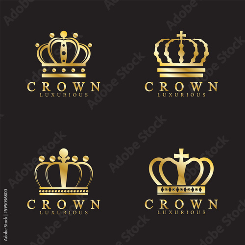 Gold crown icons. Queen king golden crowns luxury Logo Design Vector on black background
