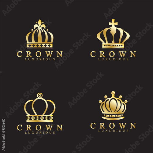 Gold crown icons. Queen king golden crowns luxury Logo Design Vector on black background