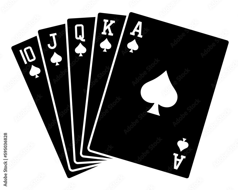 Royal Flush. A poker hand of a royal flush in spades. Spades Royal Flush. Card fan black icon. Vector clipart. - obrazy, fototapety, plakaty 