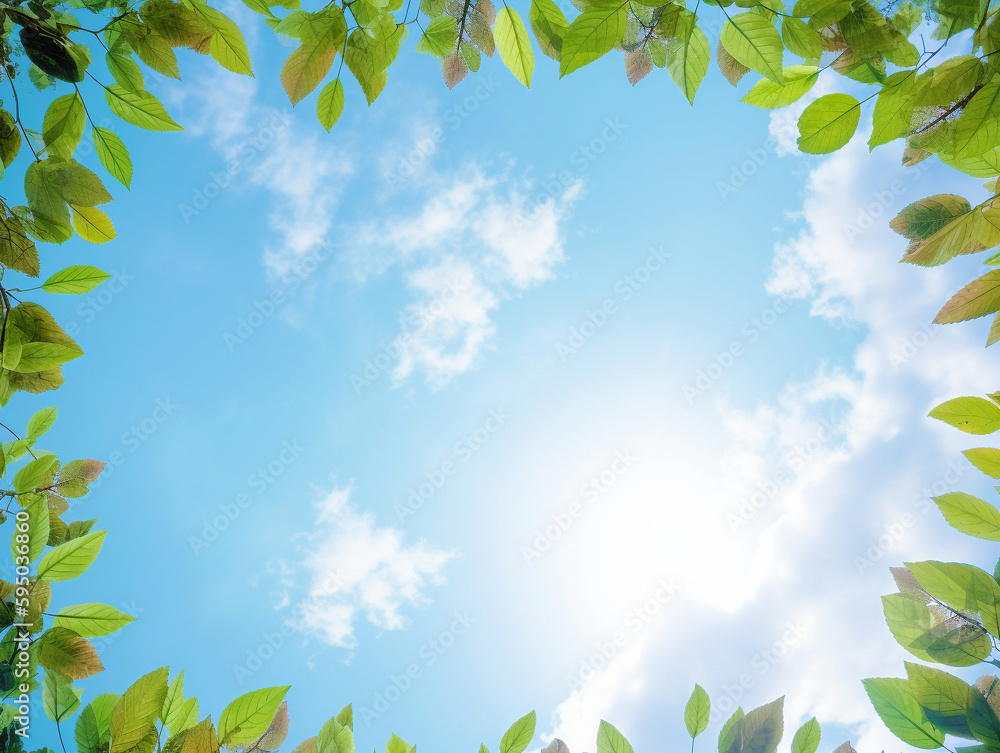 Obraz premium 新緑の葉っぱと夏の日光と青空,Generative AI