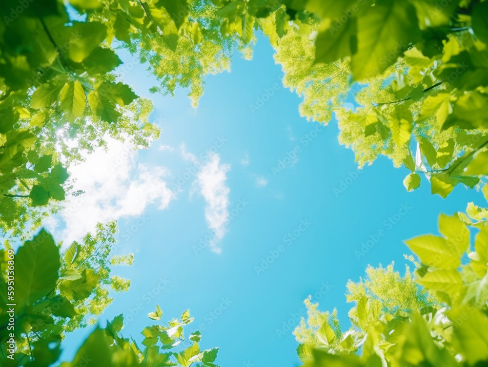 新緑の葉っぱと夏の日光と青空,Generative AI