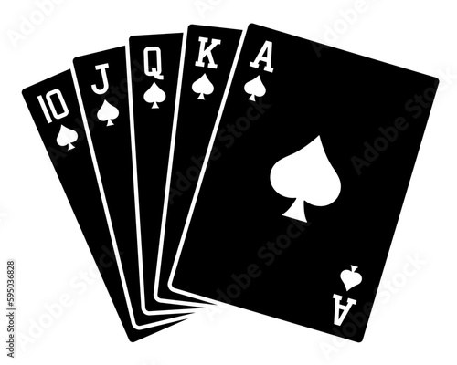 Royal Flush. A poker hand of a royal flush in spades. Spades Royal Flush. Card fan black icon. Vector clipart.