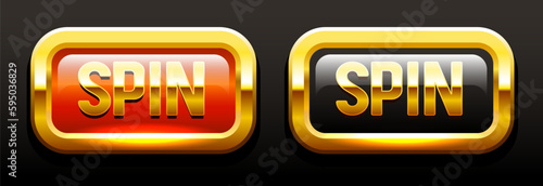 Spin button set. Red and black buttons in a gold frame. Buttons for online casino. Vector clipart isolated on black background.