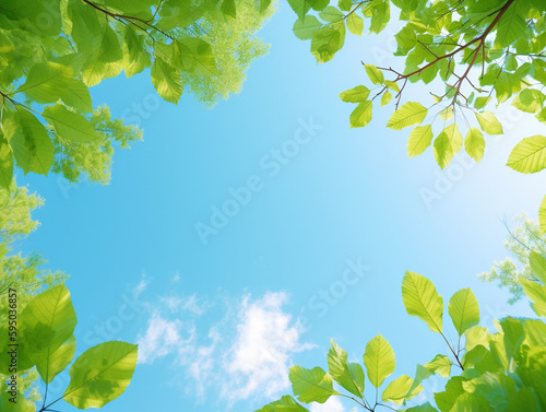 新緑の葉っぱと夏の日光と青空,Generative AI