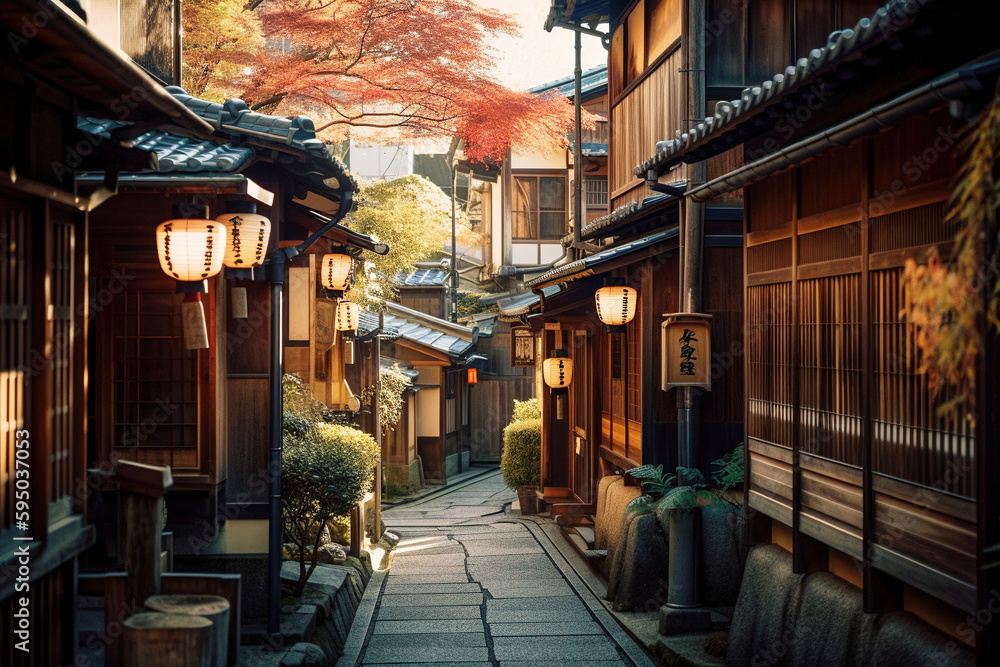 A Kyoto Street with Traditional Wooden Houses and Lanterns by Night - generative AI