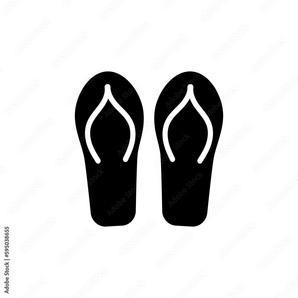 Flip flops icon. Vector illustration of summer beach shoes. Black and white drawing of silhouette rubber slippers. Flip flops icon. Vector illustration of summer beach shoes. Black and white drawing of silhouette rubber slippers.