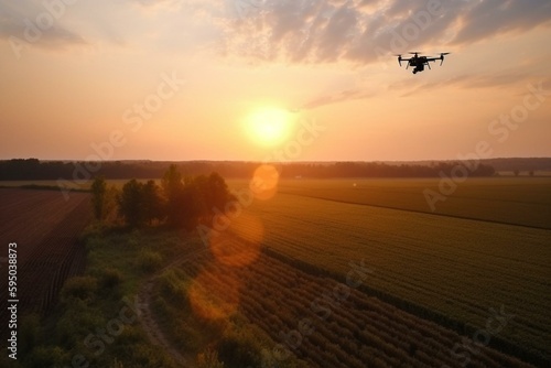 Drone analyzing farmers field during sunrise. Generative AI