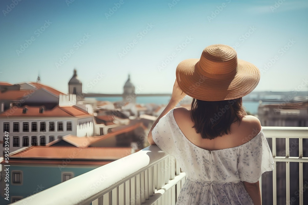 Tourism at greece, rear view of woman tourist enjoying view in balcony in greece 