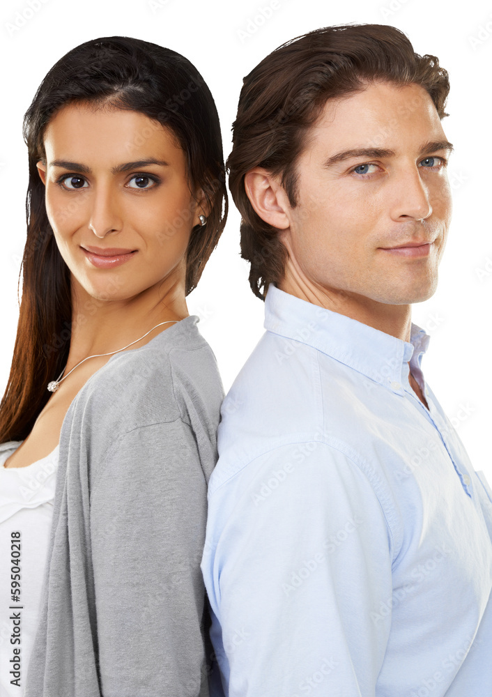 Smile, support and portrait of couple on png background for commitment, relationship or bonding. Face, love and happy with man and woman back and isolated on transparent for natural touch Smile, support and portrait of couple on png background for commitment, relationship or bonding. Face, love and happy with man and woman back and isolated on transparent for natural touch