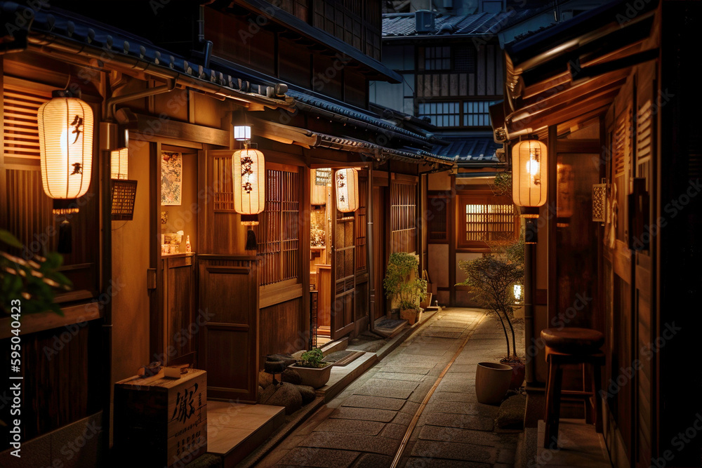 A Kyoto Street with Traditional Wooden Houses and Lanterns by Night - generative AI A Kyoto Street with Traditional Wooden Houses and Lanterns by Night - generative AI