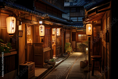 A Kyoto Street with Traditional Wooden Houses and Lanterns by Night - generative AI