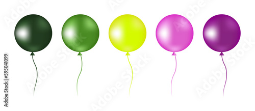 Set of realistic helium balloons of round shapes. Celebration decor in purple and green colors  isolated on white background. Vector illustration