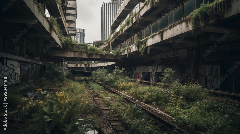 City of the Lost: Abandoned Urban Landscape with Greenery. Ai generative