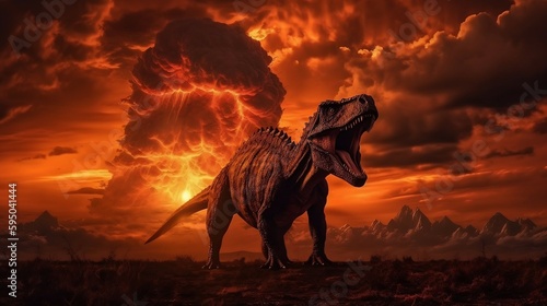 Prehistoric Twilight  The End of Dinosaurs by Asteroid Impact. Ai generative