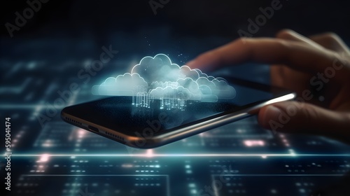 hand touching tablet or smartphone with cloud computing software. Ai generative