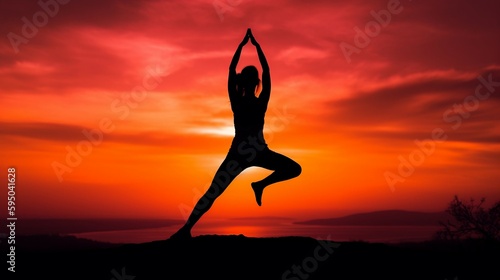 Yoga Serenity: Woman's Silhouette in the Epic Sunrise. Ai generative