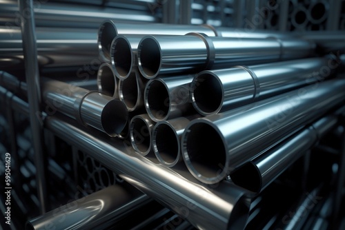 Metal pipes in production. Background of intertwined pipes. Industrial species from pipelines. Engineering networks from pipelines. 3d rendering. Generative AI