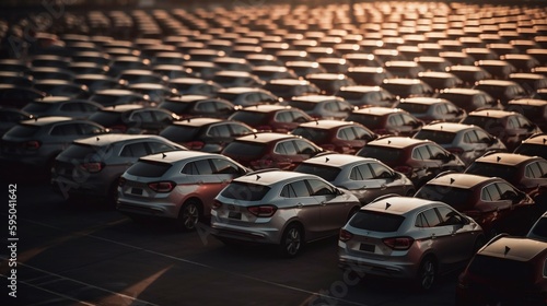 Automotive Assembly Line: Rows of Brand-New Vehicles. Ai generative