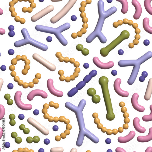 Microbiome background pattern. Probiotic bacteria backdrop with lactobacillus  bifidobacteria  acidophilus. 3d render simple raster illustration.