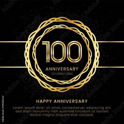 100 years anniversary with a golden number, golden glitters, and a golden circle rope on a black background. Circle a gold hexagon with glitter.