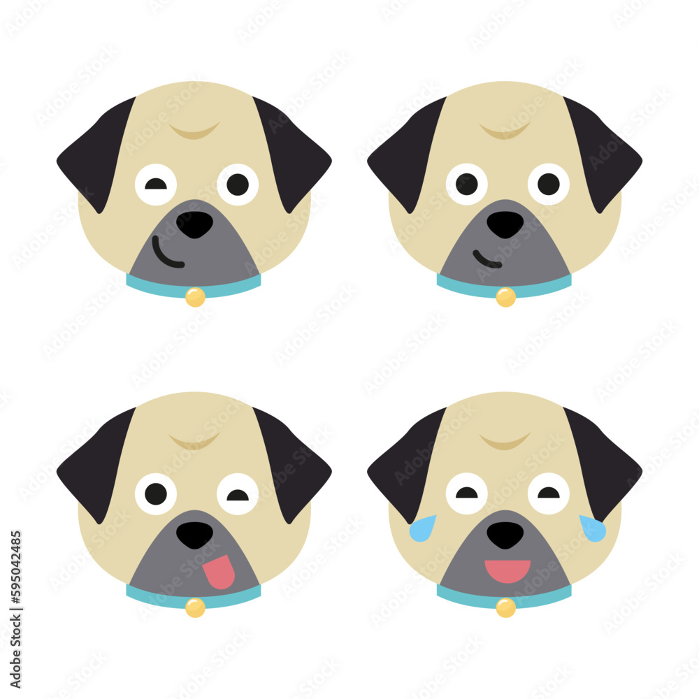 Vector set of pug head in different emotions, pug head icon isolated on white background Vector set of pug head in different emotions, pug head icon isolated on white background