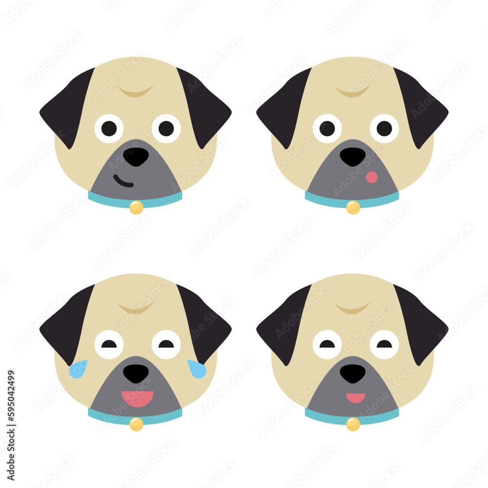 Vector set of pug head in different emotions, pug head icon isolated on white background Vector set of pug head in different emotions, pug head icon isolated on white background
