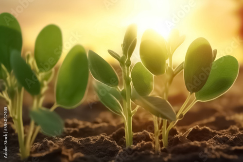 Soybean growth in farm with blue sky background. Agriculture plant seedling growing. 