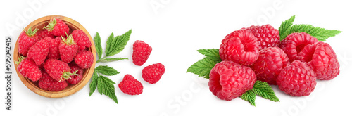 raspberries in wooden bowl with leaves isolated on white background. Top view. Flat lay