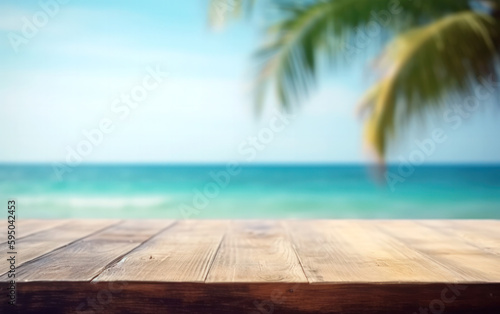 Empty wooden table in front of blue sky summer sea blurred background. Generative AI.