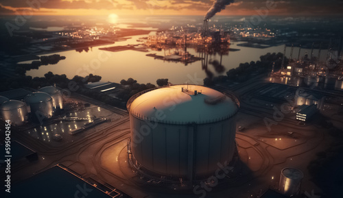 Aerial view oil and gas chemical tank with oil refinery plant. Business power and energy chemical barrel. generative ai