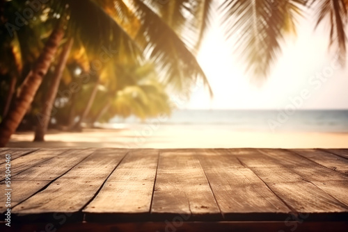 Empty Wooden table in tropical beach at summer time blurred background. Generative AI.