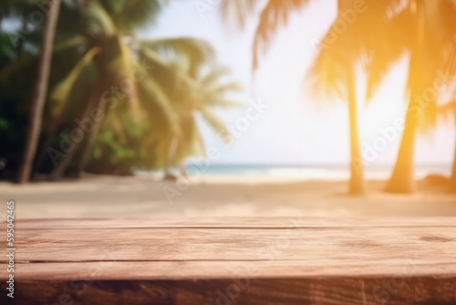 Empty Wooden table in tropical beach at summer time blurred background. Generative AI.