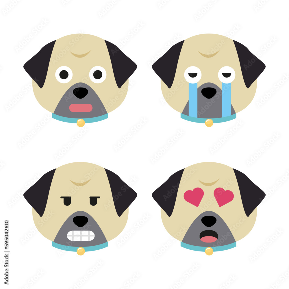 Vector set of pug head in different emotions, pug head icon isolated on white background Vector set of pug head in different emotions, pug head icon isolated on white background