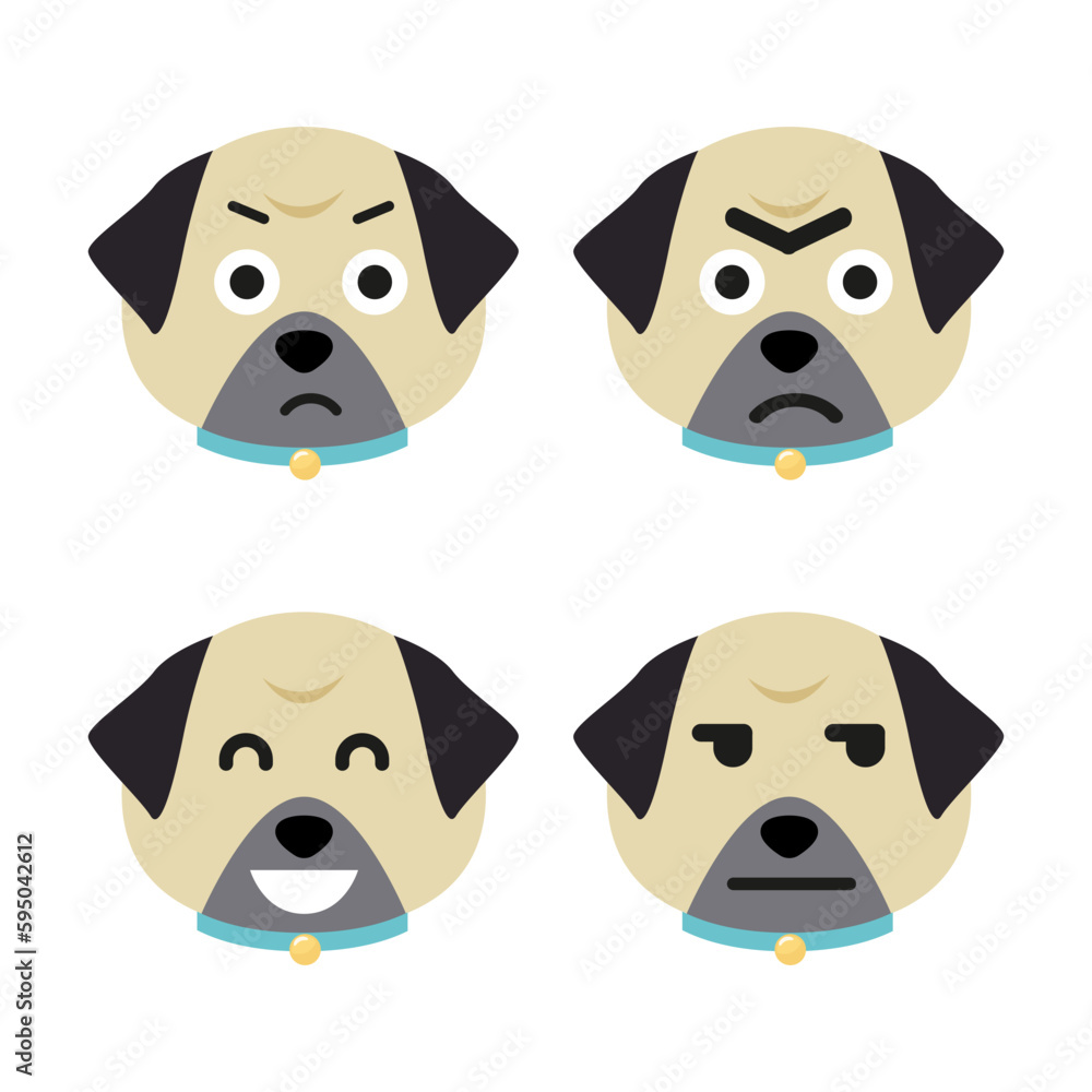 Fototapeta premium Vector set of pug head in different emotions, pug head icon isolated on white background