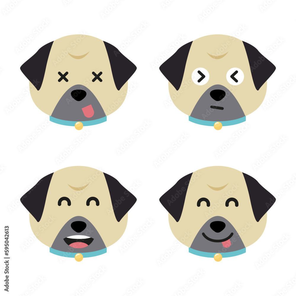 Fototapeta premium Vector set of pug head in different emotions, pug head icon isolated on white background