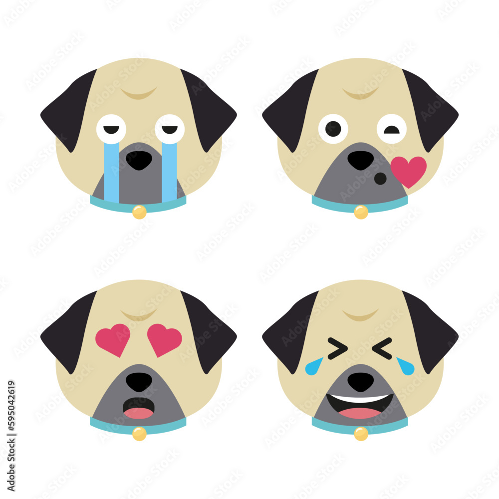 Vector set of pug head in different emotions, pug head icon isolated on white background Vector set of pug head in different emotions, pug head icon isolated on white background