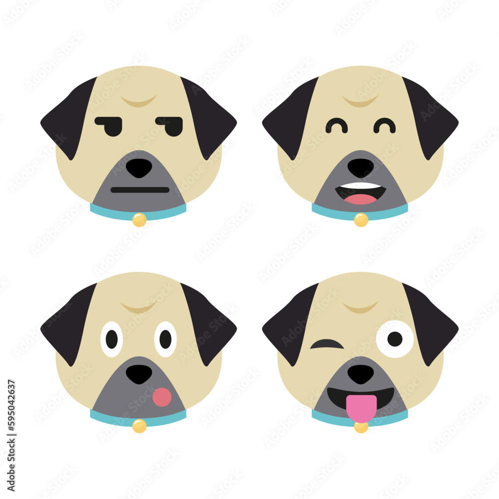 Vector set of pug head in different emotions, pug head icon isolated on white background Vector set of pug head in different emotions, pug head icon isolated on white background