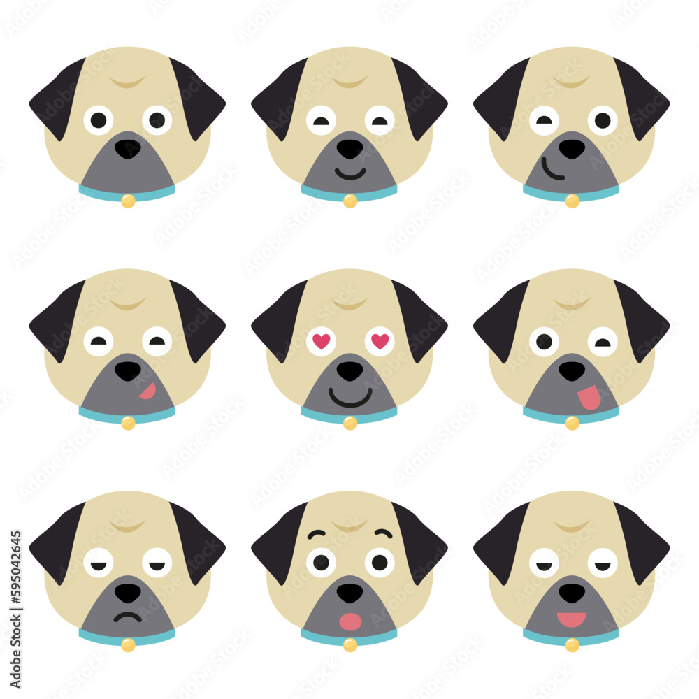 Obraz premium Vector set of pug head in different emotions, pug head icon isolated on white background