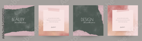 Elegant watercolor social media post templates with ripped torn paper texture. For beauty, cosmetics, makeup, fashion content.