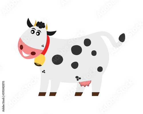 Smiling dairy cow with bell on profile with transparent background