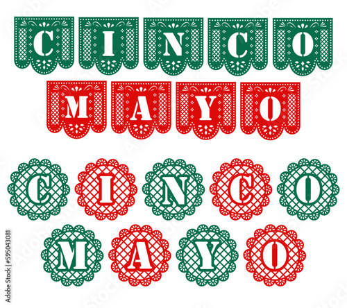 Papel picado del cinco de mayo, festividad mexicana, con colores de la bandera de México