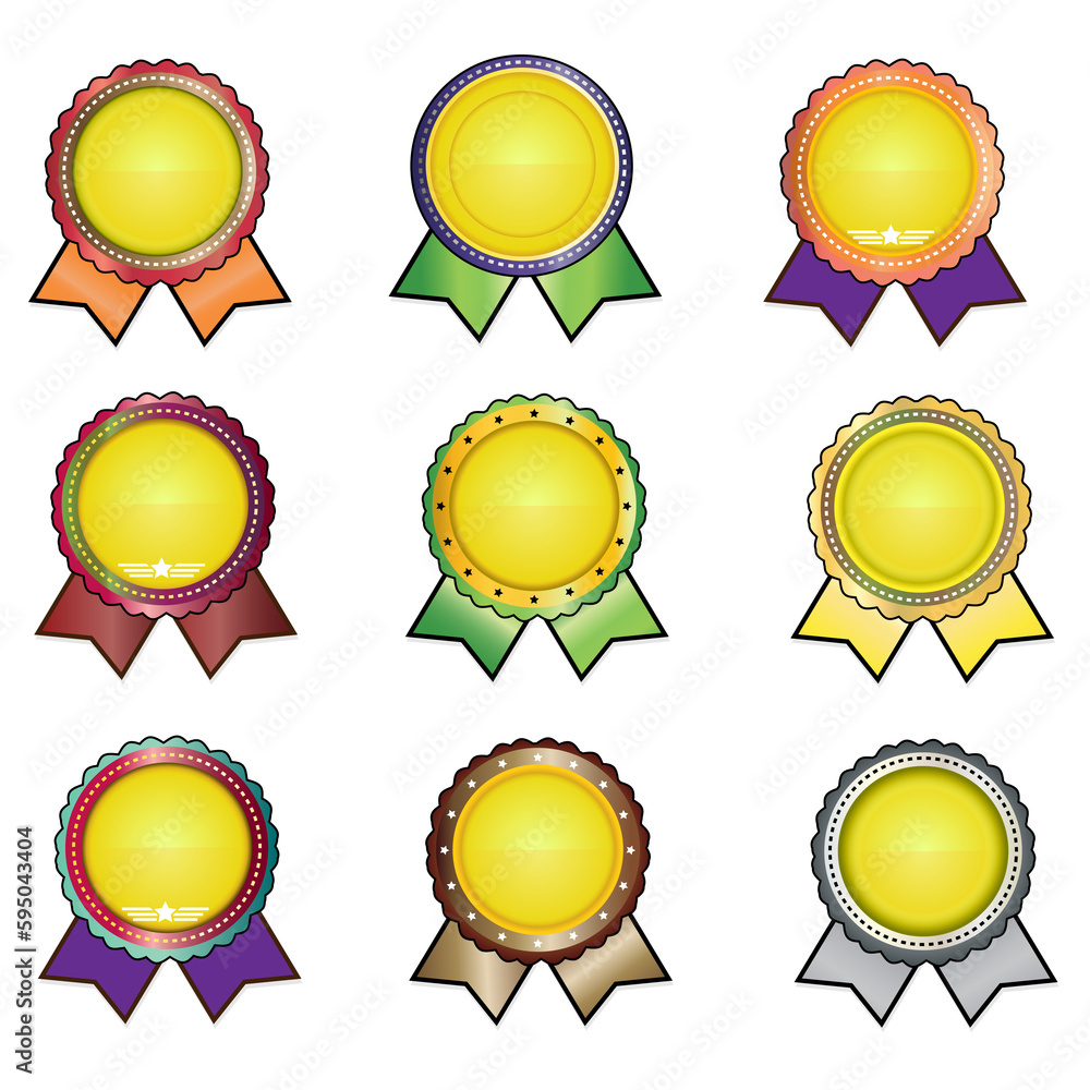 Set of gold medal badges with ribbons Set of gold medal badges with ribbons