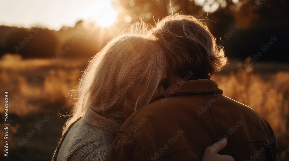 People in love hugging during the golden hour sunset, Generative AI People in love hugging during the golden hour sunset, Generative AI