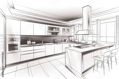 Pencil drawing of the interior of a kitchen. Modern kitchen floor plans with furniture floor plans. Generative AI