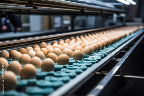 Eggs in a food processing facility, clean and fresh, ready for automated packaging. Concept for a healthy food company with automated manufacturing. Generative AI