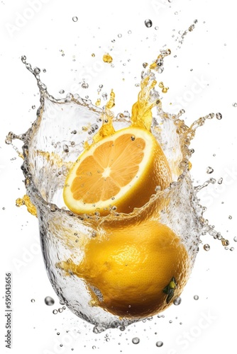 Lemon Sliced, Explosion, Splashing Water Everywhere! White Background, Generative AI